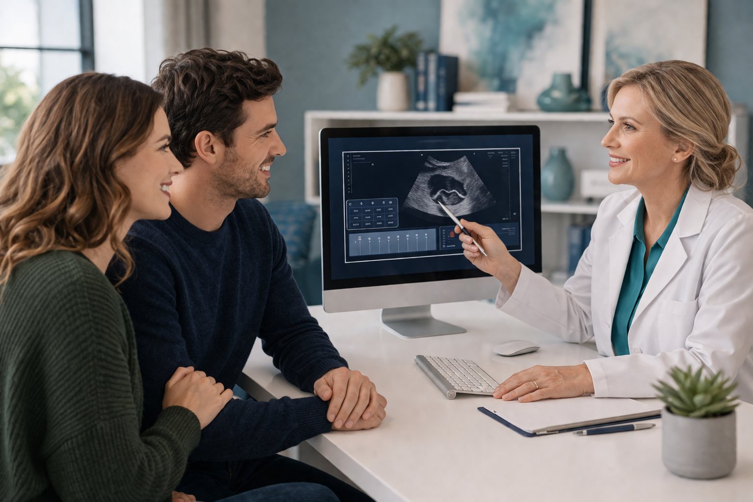 A fertility specialist showing a couple ultrasound results on a screen during consultation